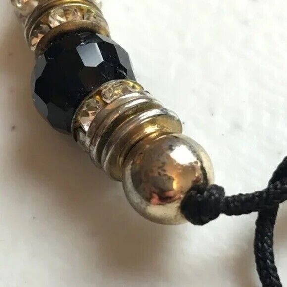 Rhinestone Bead Bracelet Black Cord Silver Tone Costume Jewelry - Picture 7 of 8